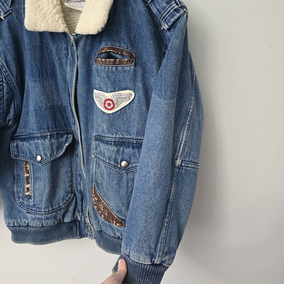 Vtg 90s AKA BAY Puffy Denim Sherpa Lined Mens L Bomber Trucker Jacket Y2K - Picture 9 of 16